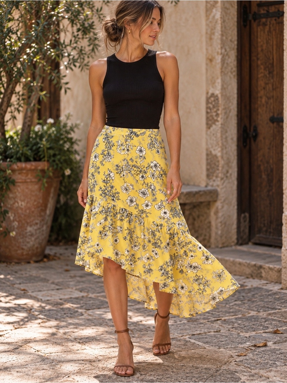 Gianni Bini NWT Yellow Floral Asymmetrical Ruffle Midi Skirt XS